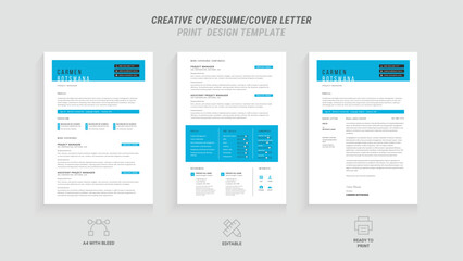 Professional Resume and Cover Letter Template Set, Clean Minimalist Design with Turquoise and Blue Border, Perfect for Job Applications and Portfolios, Includes Resume Layout and Letterhead Design