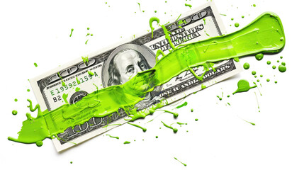 A smear of green paint on a dollar bill. Currency money financial concept. Transparent background or PNG file.