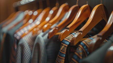 Row of ties displayed on a wooden hanger for storage or display, great for use in fashion, lifestyle, or interior design contexts