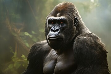 Obraz premium Close-up of a powerful gorilla surrounded by a mystical fog in a dense jungle