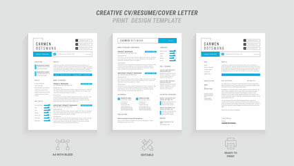 Professional Resume and Cover Letter Template Set, Clean Minimalist Design with Turquoise and Blue Border, Perfect for Job Applications and Portfolios, Includes Resume Layout and Letterhead Design