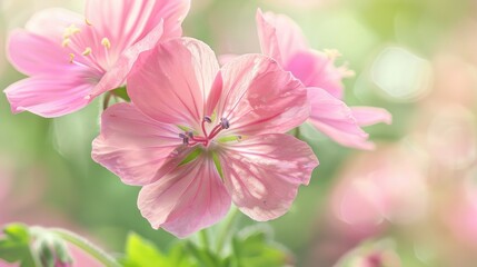Obraz premium Close up of pink geranium flower with stamens and pistil on green background Blooming pale purple geranium in macro photography Delicate peach pink flower wallpaper