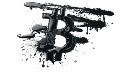 Black spray stain in shape bitcoin isolated on white background, photo with clipping path