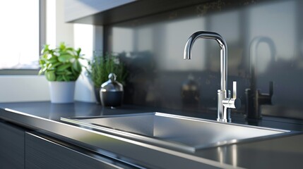 A stainless steel sink with a silver faucet sits on a countertop in a kitchen