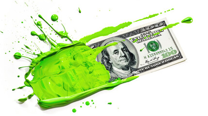 A smear of green paint on a dollar bill. Currency money financial concept. Transparent background or PNG file.