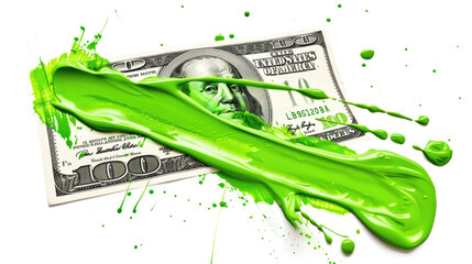 A smear of green paint on a dollar bill. Currency money financial concept. Transparent background or PNG file.