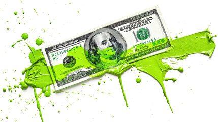 A smear of green paint on a dollar bill. Currency money financial concept. Transparent background or PNG file.