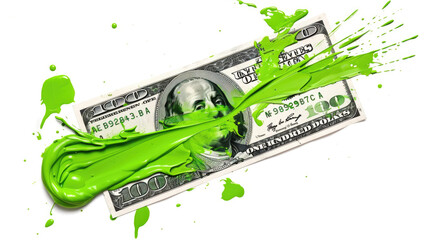 A smear of green paint on a dollar bill. Currency money financial concept. Transparent background or PNG file.