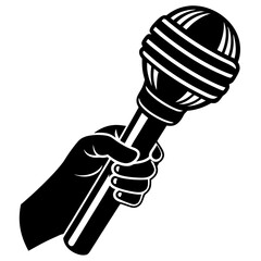 Hand with Microphone Silhouette Vector Illustration in Black and White on a White Background