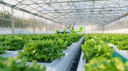 A robotic arm is tending to rows of hydroponic lettuce in a modern, glass greenhouse