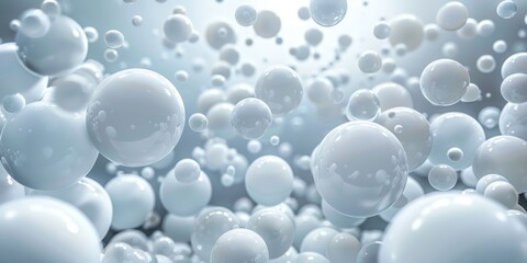 Abstract image of numerous white spheres floating in a light grey background