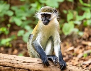 Close-up portrait of a green monkey (Chlorocebus sabaeus), sitting on a log in the wild in Gambia