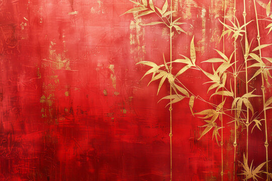 Golden Chinese Bamboo Deconstructed: Minimalist Red Wallpaper in 8K HD Lith Printing