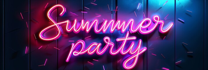 Glowing Neon Sign Announces Summer Party on Dark Wooden Background