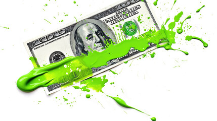 A smear of green paint on a dollar bill. Currency money financial concept. Transparent background or PNG file.