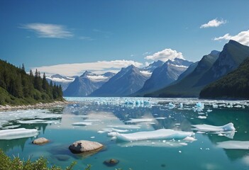 Captivating natural scenery showcasing a tranquil lake surrounded by majestic mountains and melting icebergs under a romantic sunset