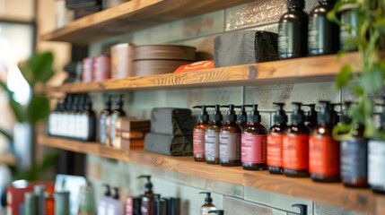 A variety of products, including bottles of lotion and soap, are displayed on wooden shelves in a store.