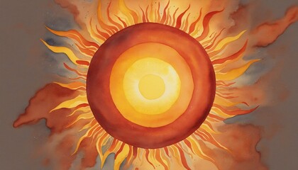 Naklejka premium Watercolor Painting of a Fiery Sun on a White Background