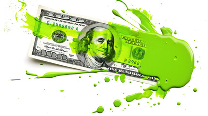A smear of green paint on a dollar bill. Currency money financial concept. Transparent background or PNG file.