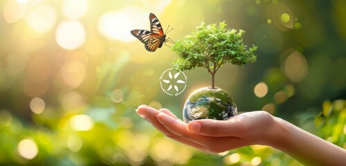 Hand holding a green earth with a tree and butterfly symbolizing environmental conservation