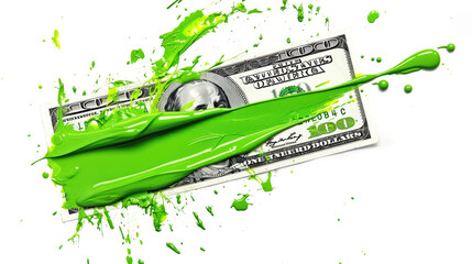 A smear of green paint on a dollar bill. Currency money financial concept. Transparent background or PNG file.