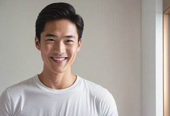 Confident pose and cheerful expression of an attractive Asian man looking smart and delighted, with a charming smile