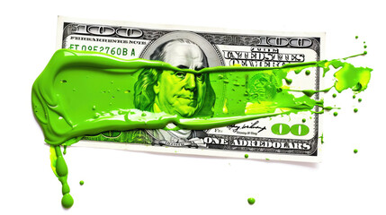 A smear of green paint on a dollar bill. Currency money financial concept. Transparent background or PNG file.
