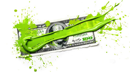 A smear of green paint on a dollar bill. Currency money financial concept. Transparent background or PNG file.