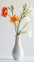 Vase with flowers: Freesia, white background.