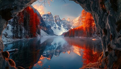 Fototapeta premium Stunning view of snow capped mountains and glacial lake from inside a cave at sunrise. Concepts. adventure, nature, landscape, scenic, travel
