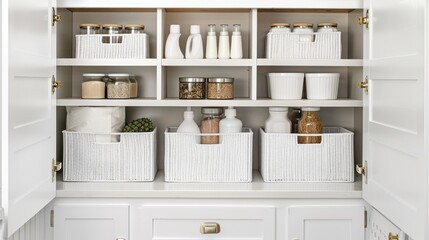 A kitchen pantry shelf with three white baskets filled with various food items, including jars of dried goods, paper bags, and bottles of oil