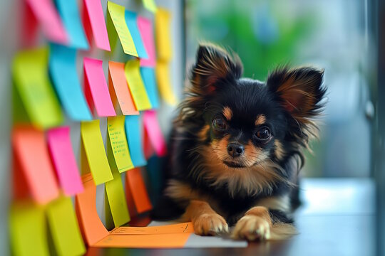 Adorable chihuahua puppy sitting by colorful sticky notes on a desk, looking curious and playful, representing creativity and productivity in a home office, concept of organization and planning