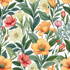 Watercolor Green Floral Pattern with Wildflowers and Tree Branches