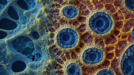Microscopic view of blue cells in a scientific illustration showing cellular structure, biology, and microscopic organisms.
