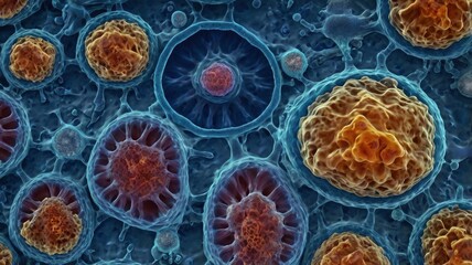 Microscopic view of blue cells in a scientific illustration showing cellular structure, biology, and microscopic organisms.