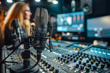 Fototapeta premium Dynamic Duo: Capturing a Close-Up of Two Podcast Hosts in the Studio