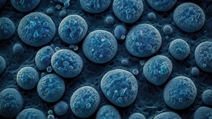 Microscopic view of blue cells in a scientific illustration showing cellular structure, biology, and microscopic organisms.