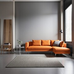 Fototapeta premium Empty loft apartment with classic brown furniture, contemporary design, and a comfortable orange sofa, 3d render