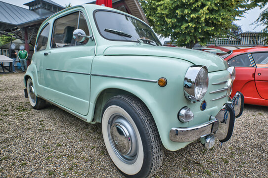 Cologne, Germany, June 2nd, 2024- Zastava 750, license replica of the Fiat 600, built in what was then Yugoslavia, now Serbia, built from 1956 to 1985, view from the front diagonally