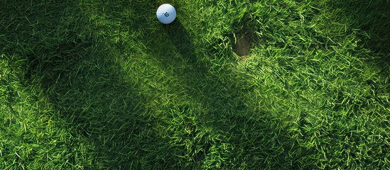 Golf ball near the hole on a green grass putting green, golf course. Top view. Concept of golf, sport, and recreation.