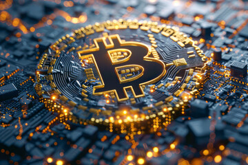 Revolutionary Bitcoin Mining Concept: Cutting-Edge Cryptocurrency Blockchain Network Visualization as Digital Artwork for Tech Enthusiasts