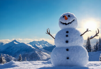Funny snowman in winter mountain scenery. Merry christmas and happy new year.