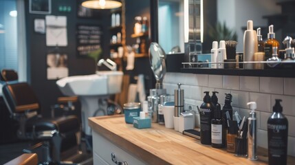 A wooden countertop in a barbershop is filled with various hair care products and tools.