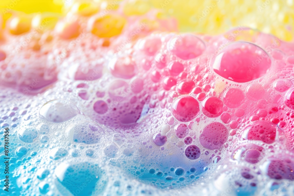 Poster close-up shot of colorful soap bubbles on a vibrant surface