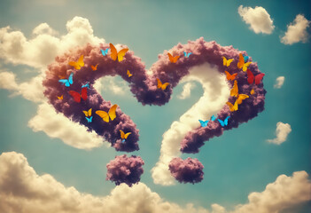 Two question marks in form of heart on blue sky.