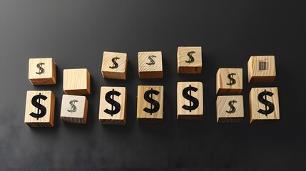 Obraz premium Wooden blocks with currency symbols and upward trend on a black background, illustrating financial growth and profit increase. Flat lay. High quality, no realistic photo details.