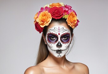 The Hispanic Female Sorcerer in Sugar Skull Face Painting for the Mexican Festival of the Dead and Halloween