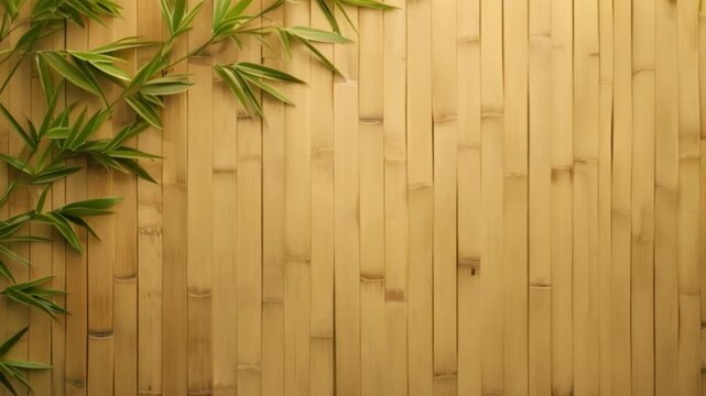 A close-up image of a green bamboo plant against a wall made of horizontally arranged bamboo slats. The natural textures and colors create a calming and serene atmosphere.