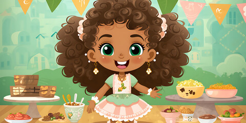 Smiling girl with green eyes, brown hair, and pink dress, in front of a table with colorful desserts, in a green and pink cartoon style, perfect for a birthday party or celebration. 
