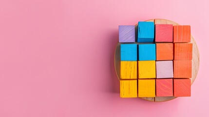 Wooden blocks with a circular graph on a pink background, showing market share distribution and business analysis. Flat lay. High quality, no realistic photo details.